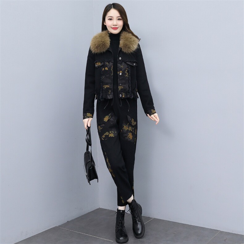 2021冬季新款加厚保暖复合毛绒牛仔印花两件套显气质款0998,女装套装/套裙,欣品汇