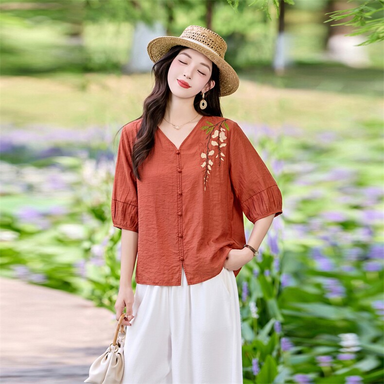时尚洋气刺绣棉麻套装女2026夏季新款宽松遮肉显瘦阔腿裤两件套,女装套装/套裙,魅影