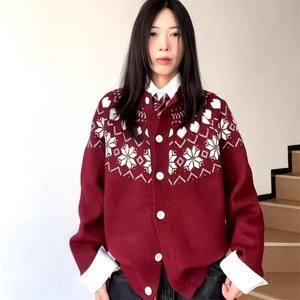 重磅秋冬装北极绒开衫毛衣美式复古休闲圣诞慵懒风提花针织衫外套图片