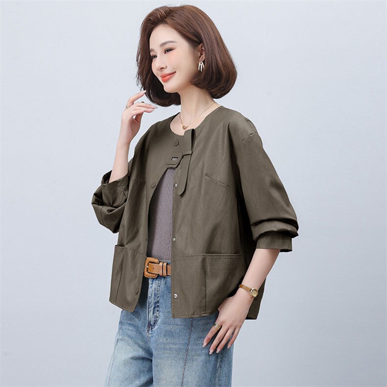 时尚春季女装PU皮衣宽松显瘦圆领水洗外套,女装皮衣,文熹诺