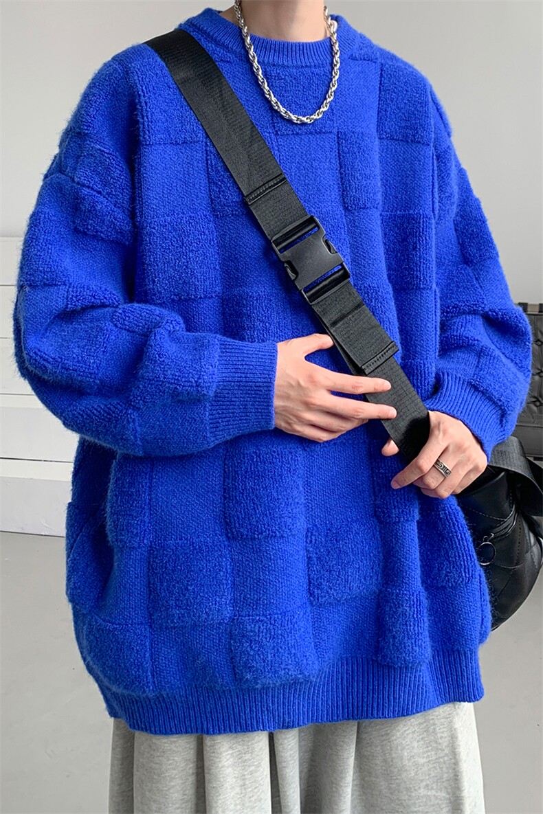 8XL-M特大码美式街头设计感毛巾绣格子毛衣男女情侣MY1204P50控68,男装针织衫/毛衣,电商D206-1