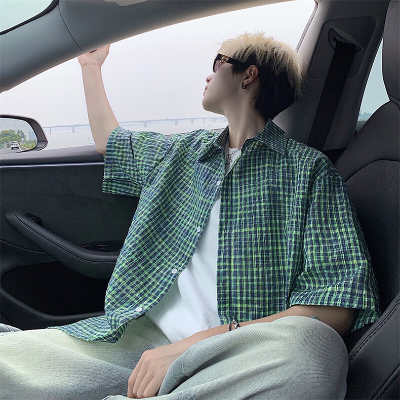 B221美式ins高街宽松薄款泡泡格短袖衬衫SY2548-特P35控59,男装衬衫,电商B221