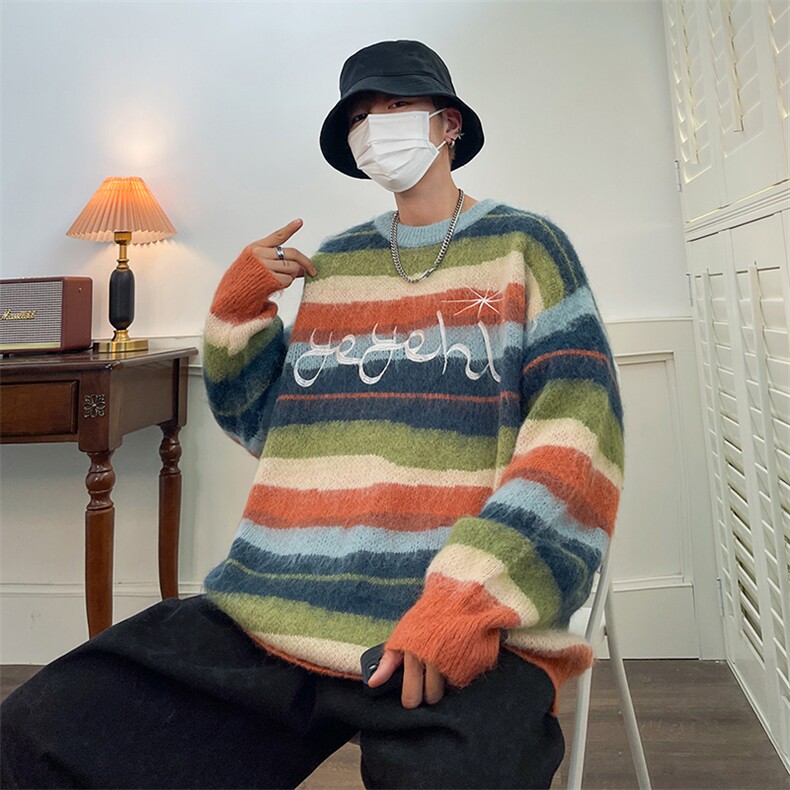 美式复古宽松毛衣男2024秋冬新款学院慵懒风条纹针织衫外套潮,男装针织衫/毛衣,星座716-2