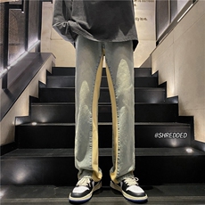 美式高街春季新款拼接直筒微喇牛仔裤B315-K1314P65控78，男装牛仔裤，电商B315