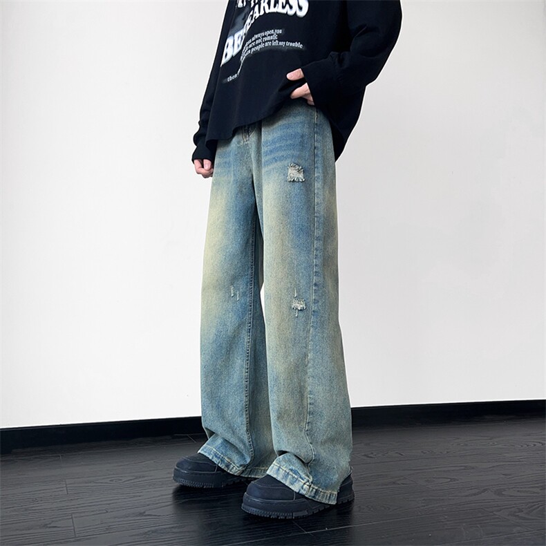 水洗做旧牛仔裤男美式潮牌宽松直筒阔腿休闲长裤N08932-P48,男装牛仔裤,星座308B-2