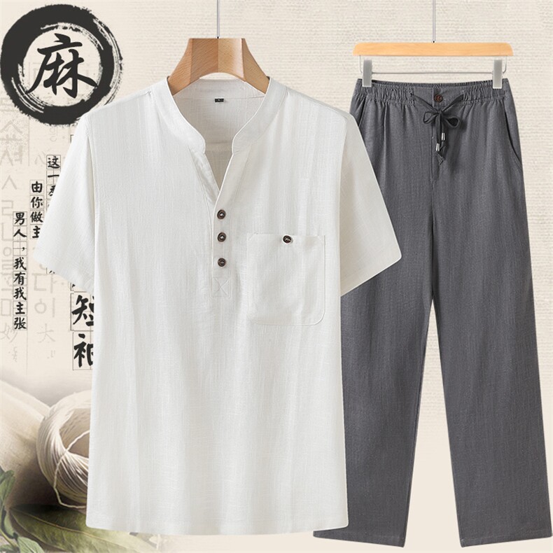 ACB608夏季男士休闲风短袖套装中年爸爸装薄款唐装P130,男装民族服装,电商B360