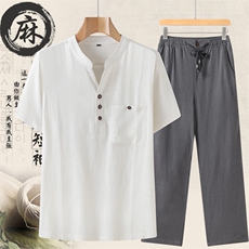 ACB608夏季男士休闲风短袖套装中年爸爸装薄款唐装P130，男装民族服装，电商B360