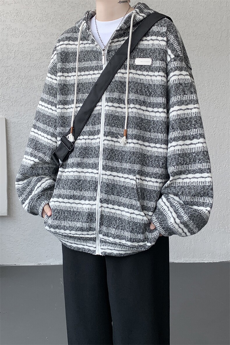 8XL-M潮情侣美式磨毛编织条纹针织衫卫衣宽松拉链外套WY30P88,男装针织衫/毛衣,电商D206-1