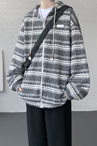 8XL-M 潮情侣美式磨毛编织条纹针织衫卫衣宽松拉链外套WY30P88图片