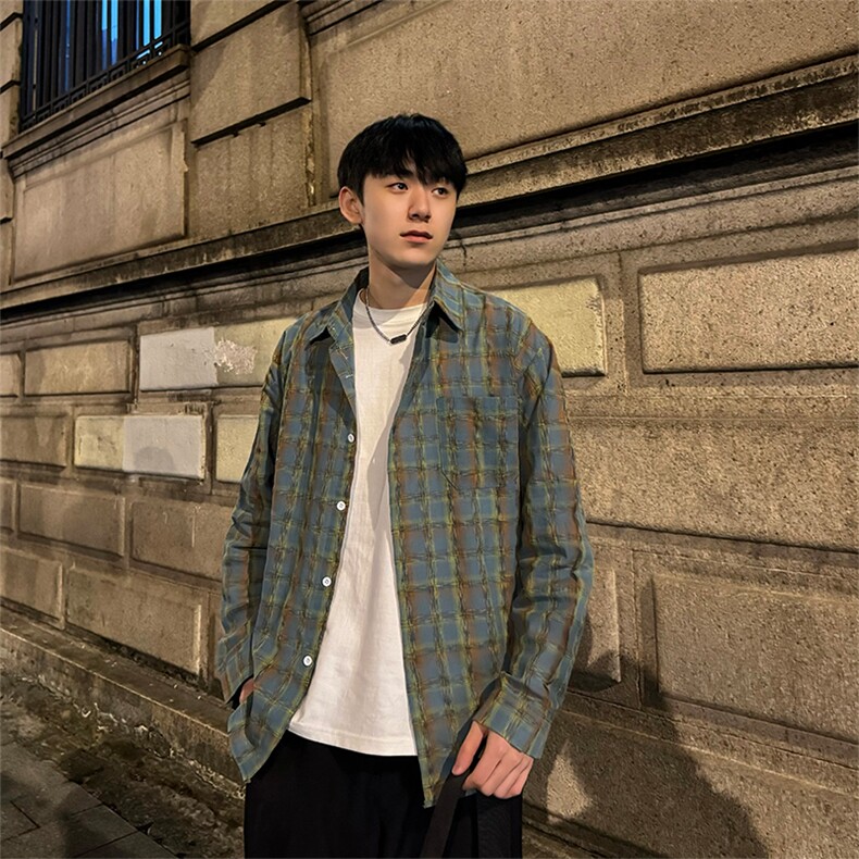 大货夏季宽松休闲防晒衬衣美式格子褶皱长袖衬衫CS003-P45,男装防晒衣,星座1004-3