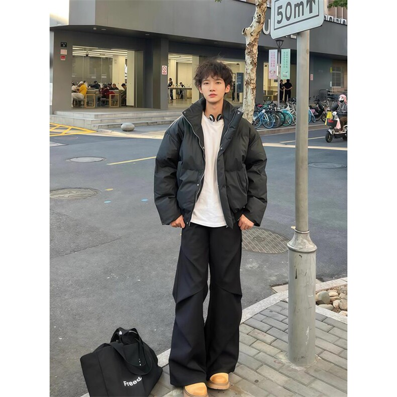 现货5W件冬季三防重磅硬挺boxy短款羽绒立领PU皮棉衣外套加厚棉服，男装棉衣，电商A486-1