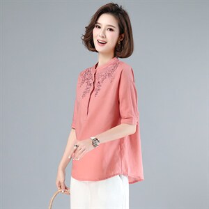 2022夏季新款刺绣棉麻宽松短袖上衣,大码女装,木子恋