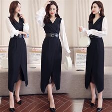两件套连衣裙百搭修身显瘦长袖高腰花边简约2021春秋季新款，女装连衣裙，瑶迪依秀