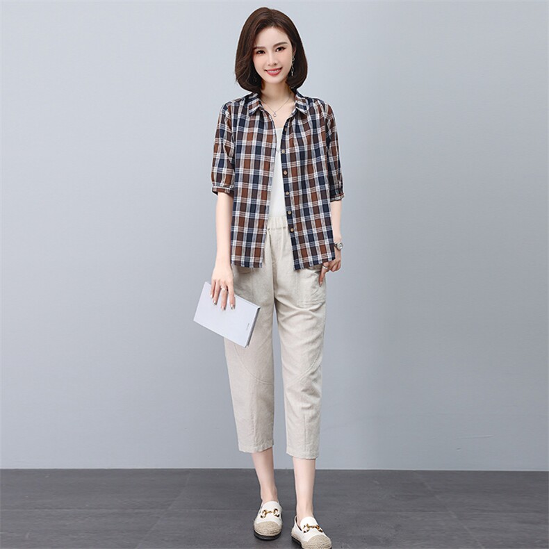 2023年夏装新款潮格子宽松显瘦韩版气质女减龄两件套,女装套装/套裙,独衣靓