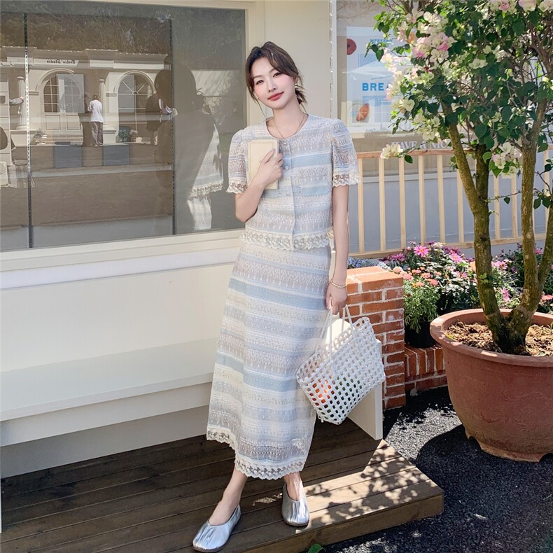 法式时尚套装蕾丝连衣裙女夏2025新款小香风上衣半身裙两件套潮,女装套装/套裙,2C098