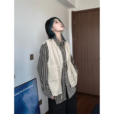 新款假两件工装长袖衬衫男生春秋潮牌复古条纹衬衣外套LC499-P63，男装衬衫，星座1008