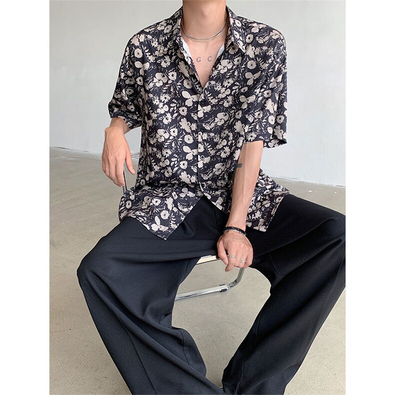 休闲短袖复古宽松碎花衬衫男设计感港味衬衣DX101-特P30限价48,男装衬衫,电商A178