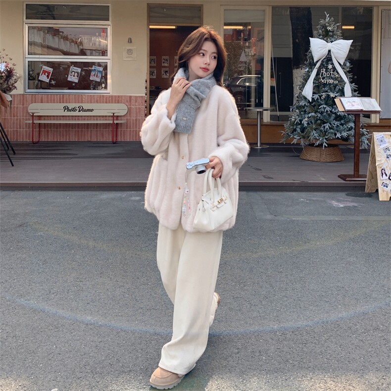 米白色秋冬皮毛一体外套女仿水貂绒休闲上衣2C353--720#P190K288,女装短外套,2C353