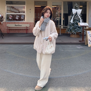 米白色秋冬皮毛一体外套女仿水貂绒休闲上衣2C353--720# P190K288图片