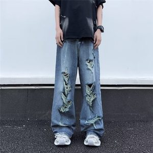 破洞牛仔裤男韩版潮流高街帅2024夏季新款ins宽松长裤RK1572-P56图片