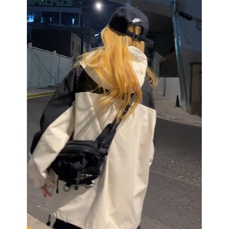 C2333-TP80控价108春季新款女连帽防水拼色冲锋衣宽松休闲外套,男装夹克,电商A102-1