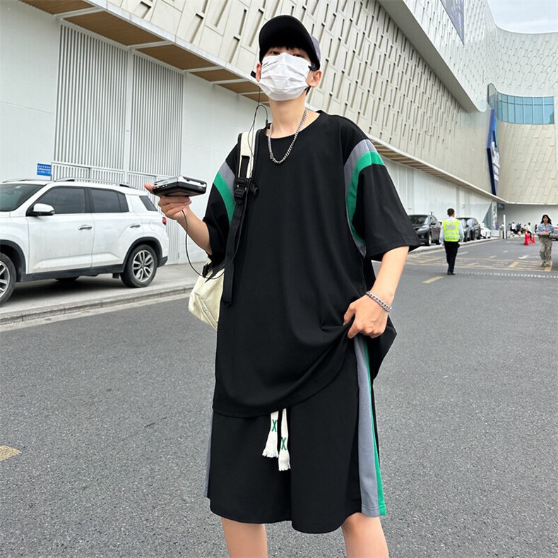 现货主推大码港风情侣拼接冰丝圆领短袖T恤五分裤休闲套装S16P50,男装牛仔裤,电商B226-2（原B217-2）