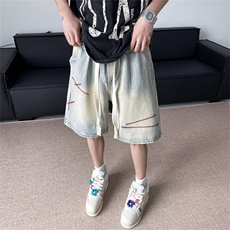 简约刺绣线条牛仔短裤男女春夏潮牌美式复古水洗渐变ins五分裤子，男装牛仔裤，星座601-2
