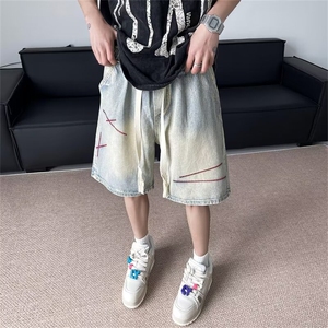 简约刺绣线条牛仔短裤男女春夏潮牌美式复古水洗渐变ins五分裤子图片