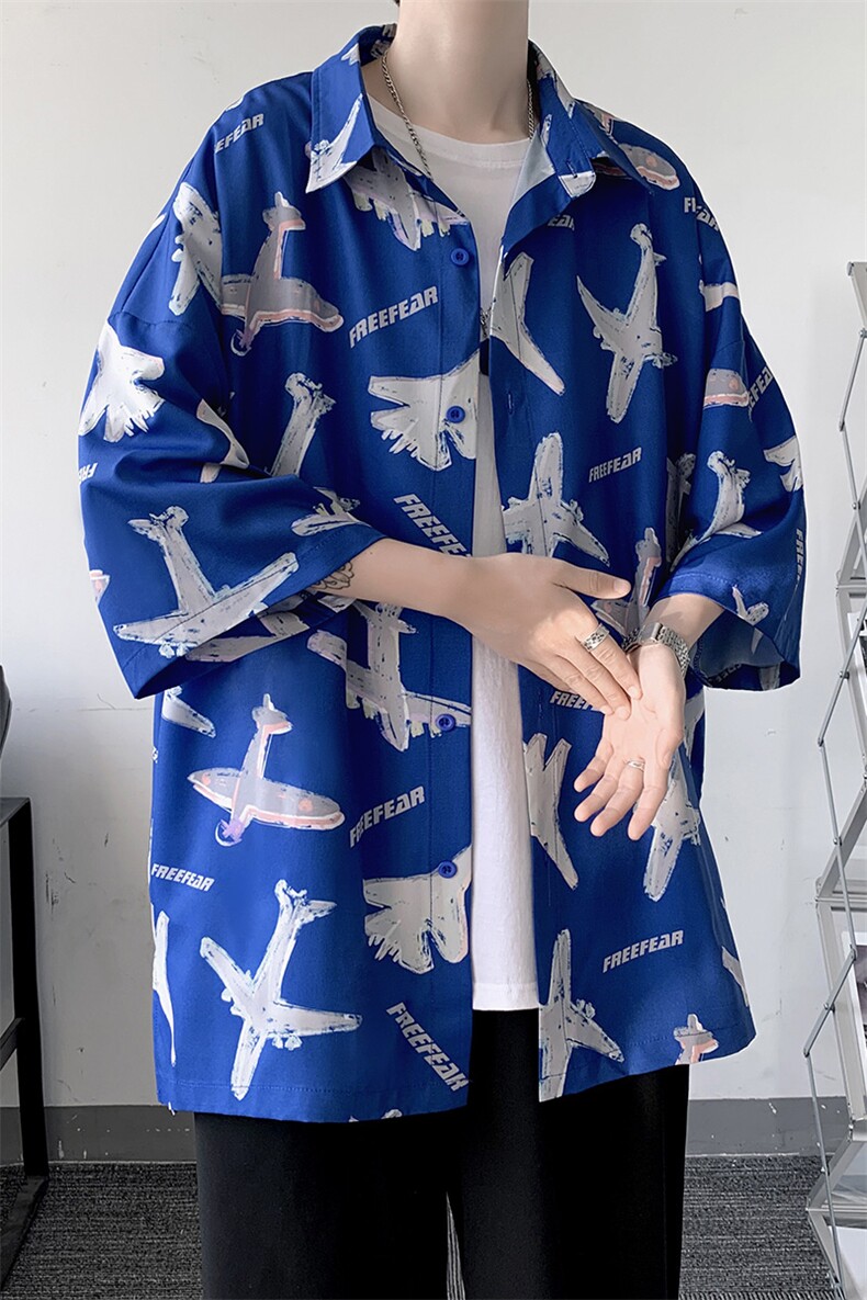 夏季潮流小飞机满印ins衬衫男新款冰丝情侣装A071-C35-P38,男装衬衫,电商A071
