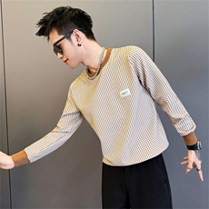 W7806-P58控78春秋季男千鸟格外套圆领长袖T恤2025新款男装上衣内，男装T恤，星座102A（原电商D309-1）