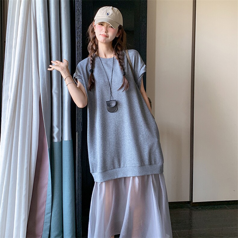 灰色针织拼接连衣裙女夏季新款设计感休闲显瘦百搭别致长裙卫衣裙,女装连衣裙,浙宝305
