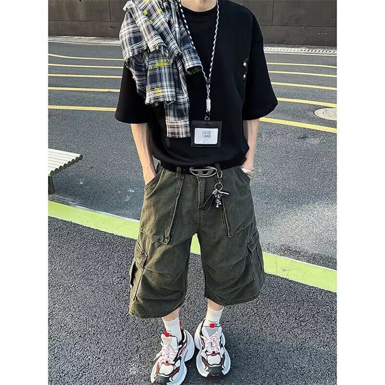 休闲七分裤短裤男款夏季美式高街多口袋痞帅休闲阔腿裤子1055P55,男装牛仔裤,星座410-2