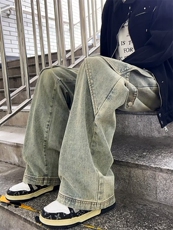 泥黄色工装牛仔裤男春秋季美式高街阔腿裤设计D8101P52，男装牛仔裤，星座1116-2