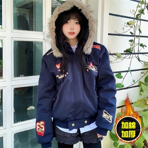 现货高品质美式高街重磅刺绣座山雕大毛毛领棉衣男女加厚棉服外套图片