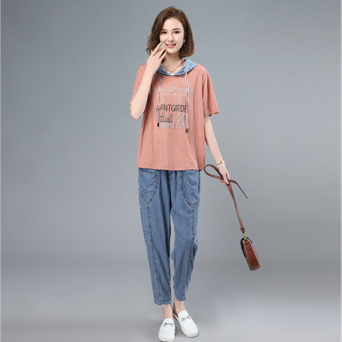 2021夏季新款时尚休闲拼接连帽印花套装,女装套装/套裙,叶笙衣