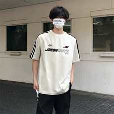 抖音得物高品质二开240克宽松纯棉美式潮牌三条杠织带短袖T恤，男装T恤，电商A486-1