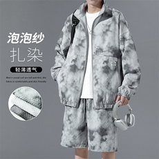 特批P65无差价扎染泡泡纱大码美式长袖外套短裤两件套男TZ5595，男装休闲套装，电商A001
