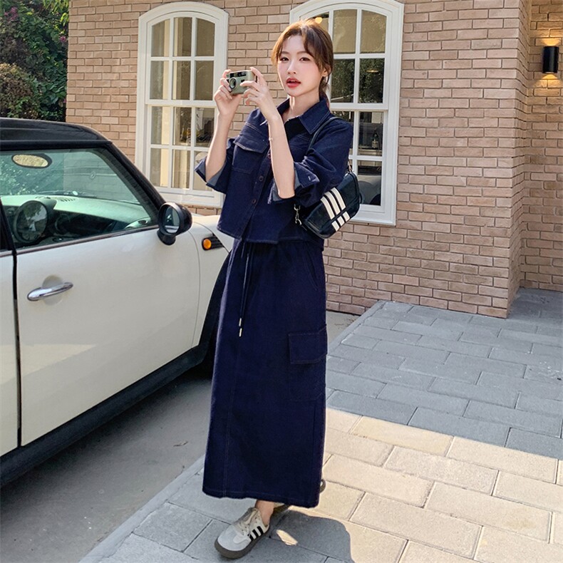深蓝色时尚牛仔套装裙女2025春季新款学院风减龄衬衫半身裙三件套,女装套装/套裙,2D078