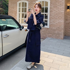 深蓝色时尚牛仔套装裙女2025春季新款学院风减龄衬衫半身裙三件套，女装套装/套裙，2D078