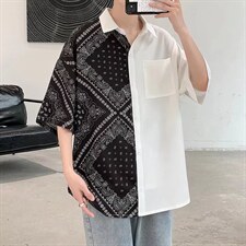 腰果花短袖衬衫男拼接小众设计感潮牌衬衣HC49P28图片