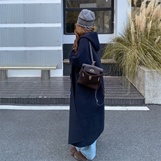 黑色双排扣设计呢大衣女2025年冬季新款韩版高级感连帽毛呢外套，女装毛呢外套，2D014