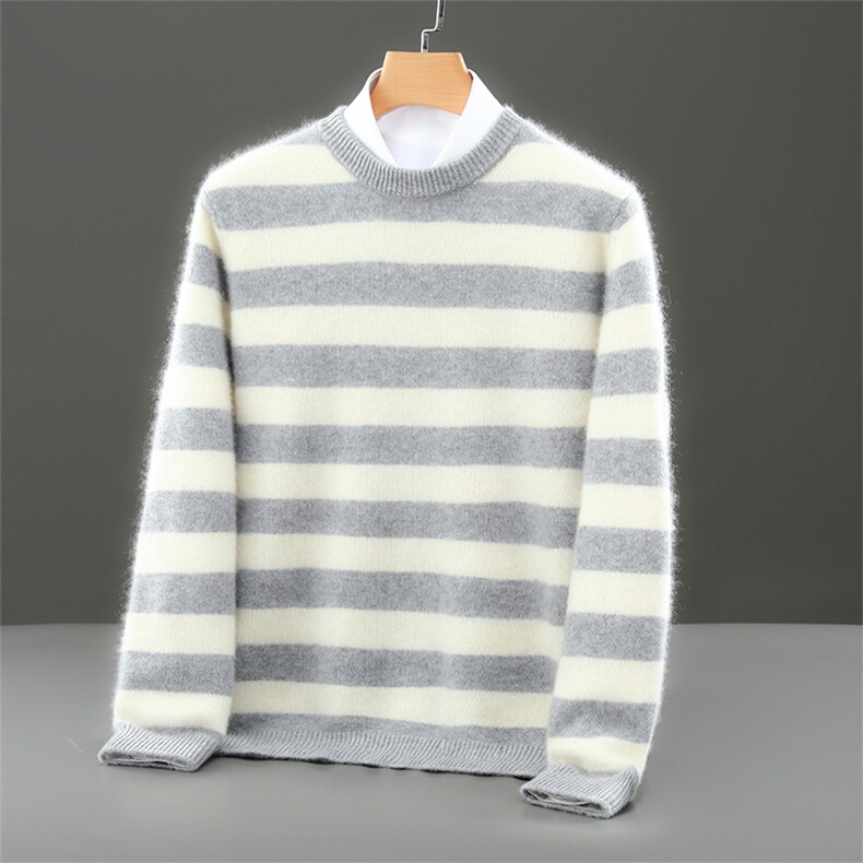 2025年秋季套头直筒型圆领时尚百度撞色条纹，男装羊毛衫，宇灿羊绒