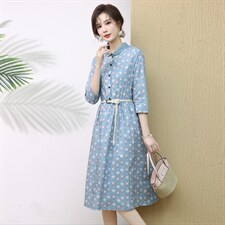 春秋新款纯棉印花衬衫式连衣裙拼花边立领七分袖文艺大摆裙，女装连衣裙，木橙西子