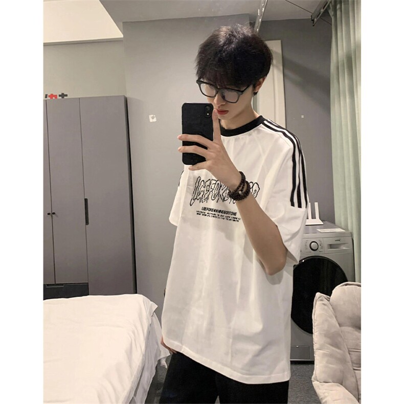 夏季美式高街重磅纯棉三条杠织带撞色男女短袖T恤ZD649-特P30,男装T恤,电商A486-1