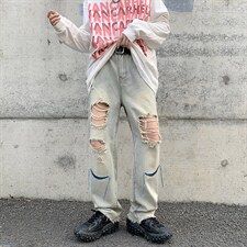韩版破洞牛仔裤2023夏季新款美式街头直筒休闲阔腿裤K3404-P42，男装牛仔裤，星座512-2