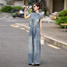 现货主推2026年夏季新款女装时尚休闲气质牛仔提花新中式套装，女装套装/套裙，关键词
