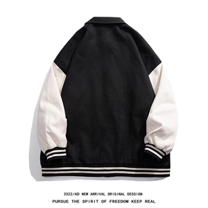 白底23春季复古拼接螺纹翻领棒球服百搭夹克G612P85控118图片