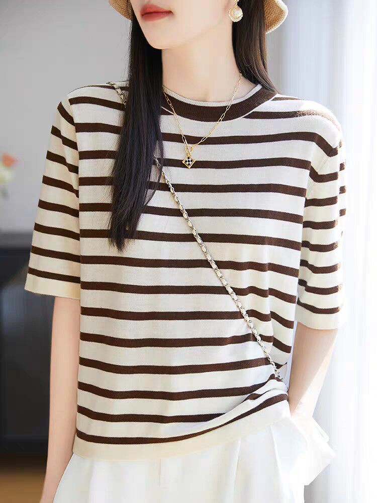 新款时尚圆领条纹针织短袖t恤夏凉快冰丝半袖休闲打底衫薄款上衣，女装针织衫/毛衣，昂家羊绒