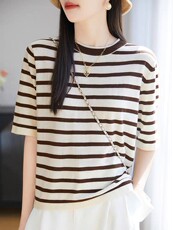 新款时尚圆领条纹针织短袖t恤夏凉快冰丝半袖休闲打底衫薄款上衣,女装针织衫/毛衣,昂家羊绒,清河羊绒市场 新款时尚圆领条纹针织短袖t恤夏凉快冰丝半袖休闲打底衫薄款上衣,女装针织衫/毛衣,昂家羊绒,清河羊绒市场
