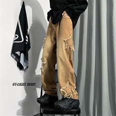 高街牛仔裤男韩版潮刺绣五角星2024春秋新款ins宽松长裤K3015-P50，男装牛仔裤，星座412